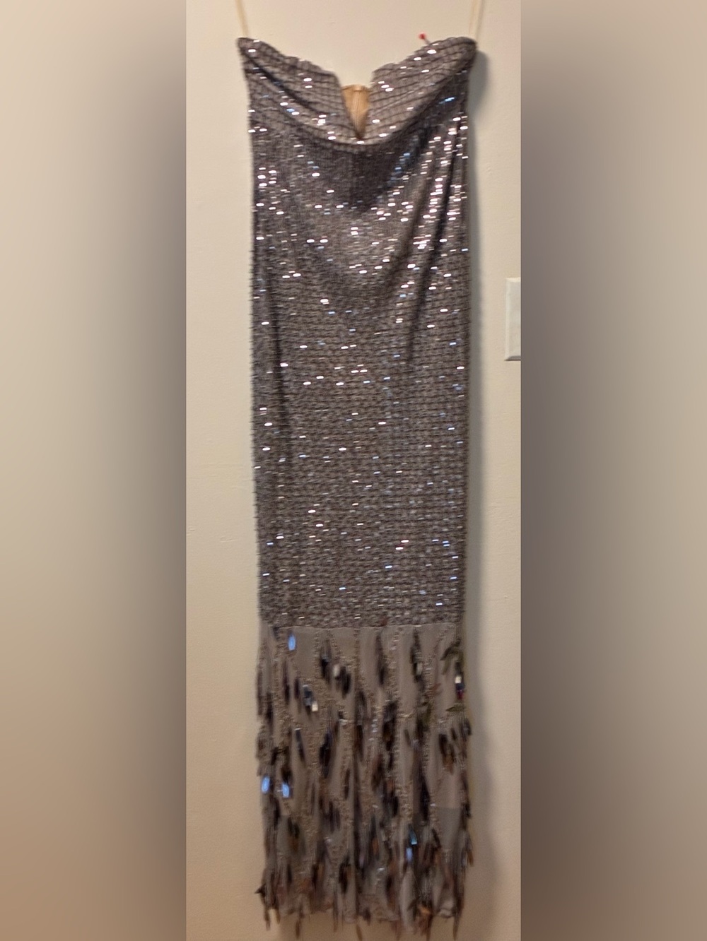 Fashion Nova Strapless Silver Sequin Fringe Evening Gown